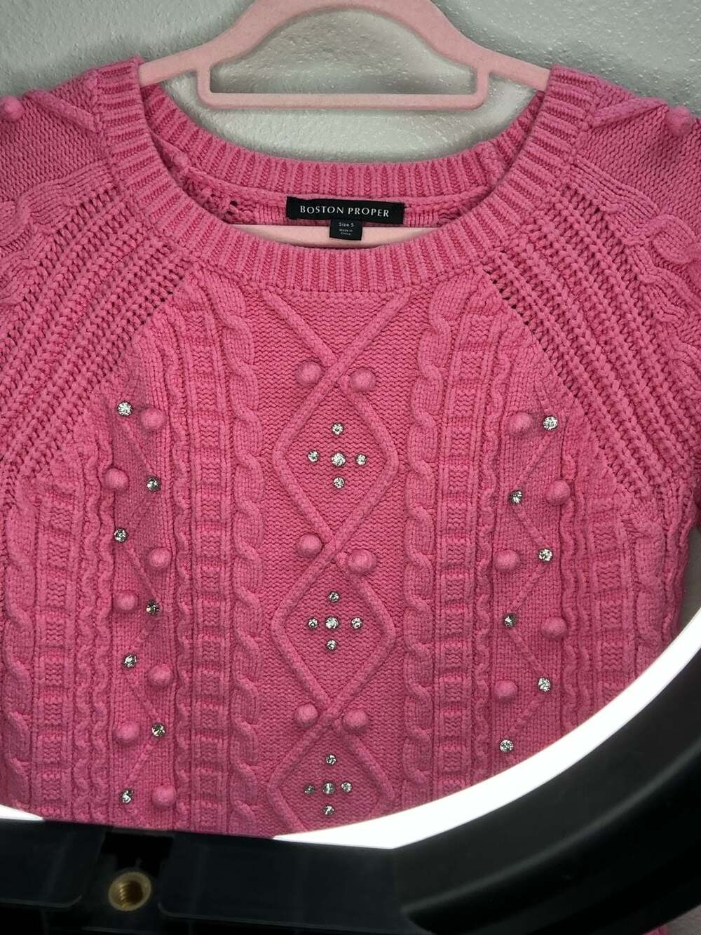 Boston Proper Pink Cable-Knit Rhinestone Embellished Pom Pom Sweater